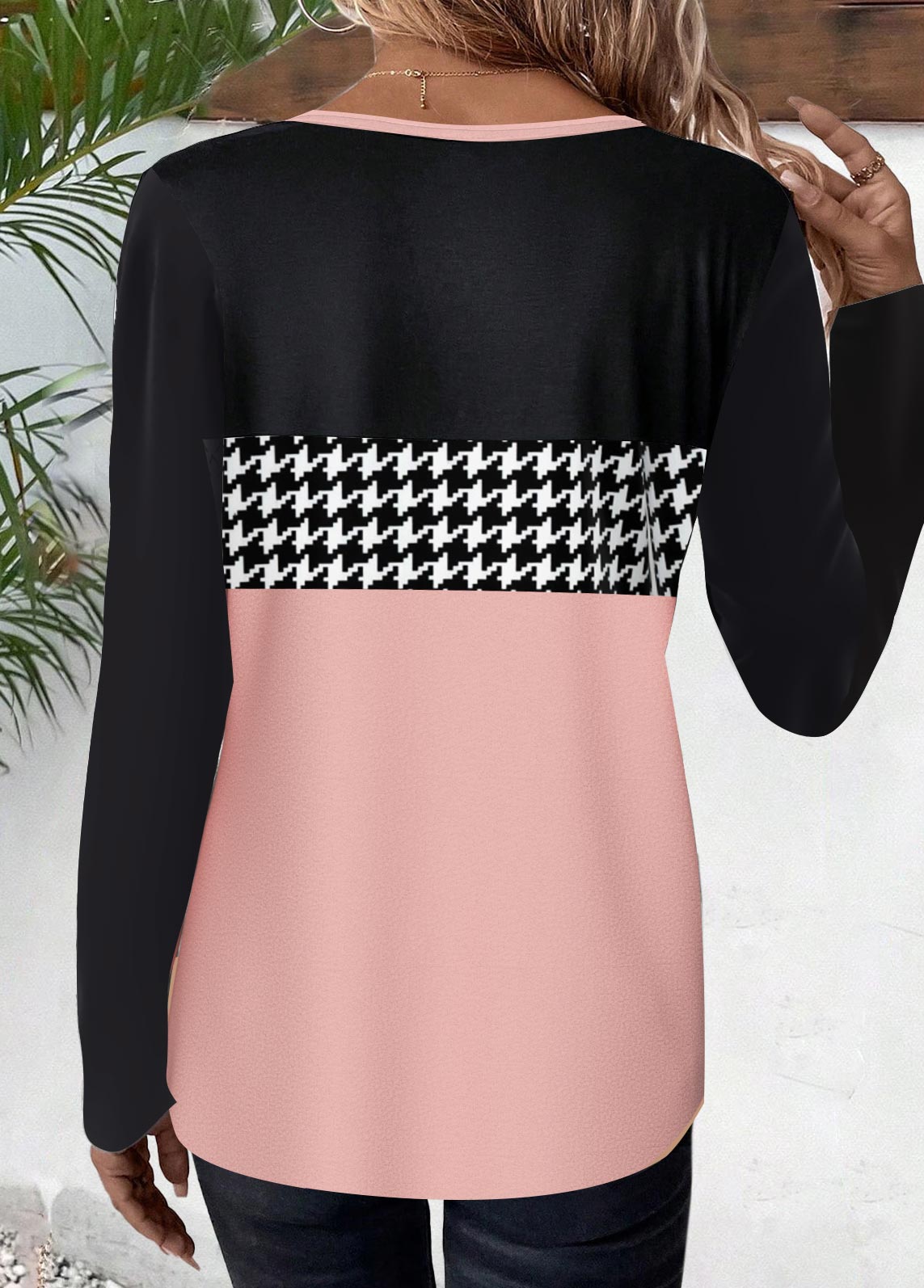 Plus Size Pink Geometric Print Long Sleeve T Shirt