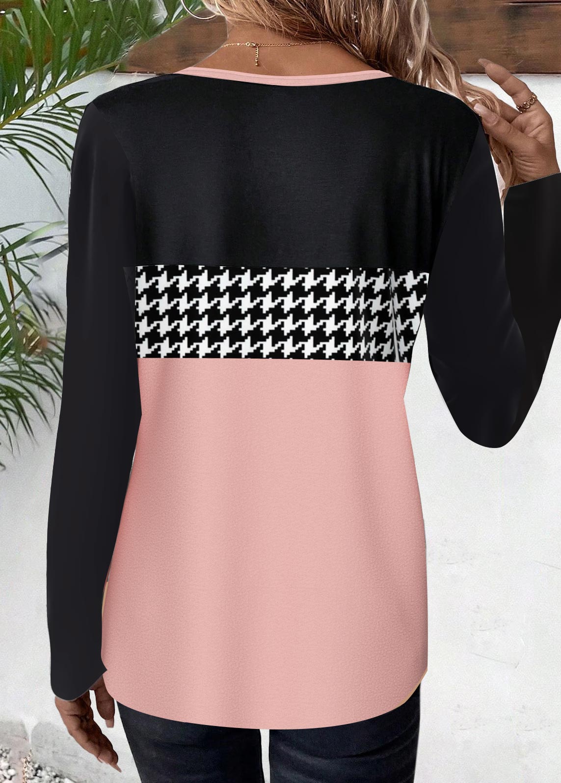 Plus Size Pink Geometric Print Long Sleeve T Shirt | picture 