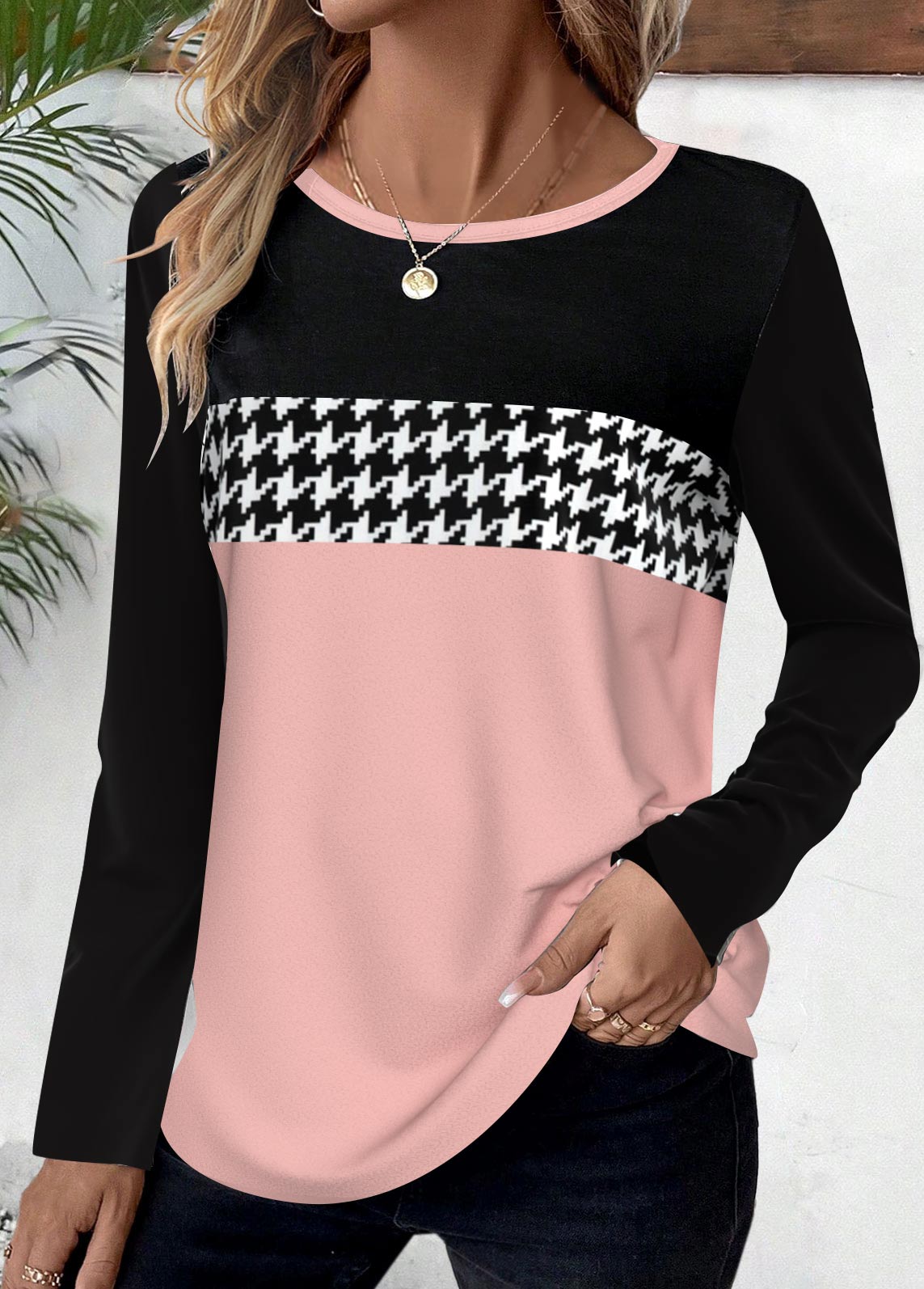 Plus Size Pink Geometric Print Long Sleeve T Shirt | picture 