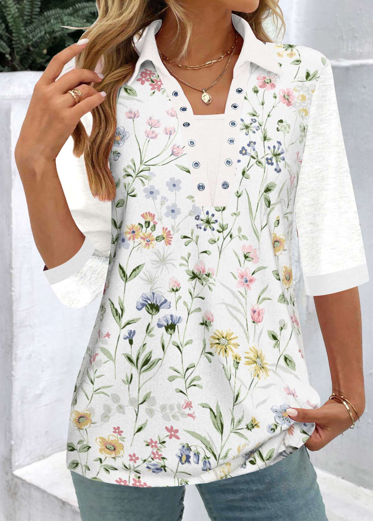 White Patchwork Floral Print Shirt Collar Blouse