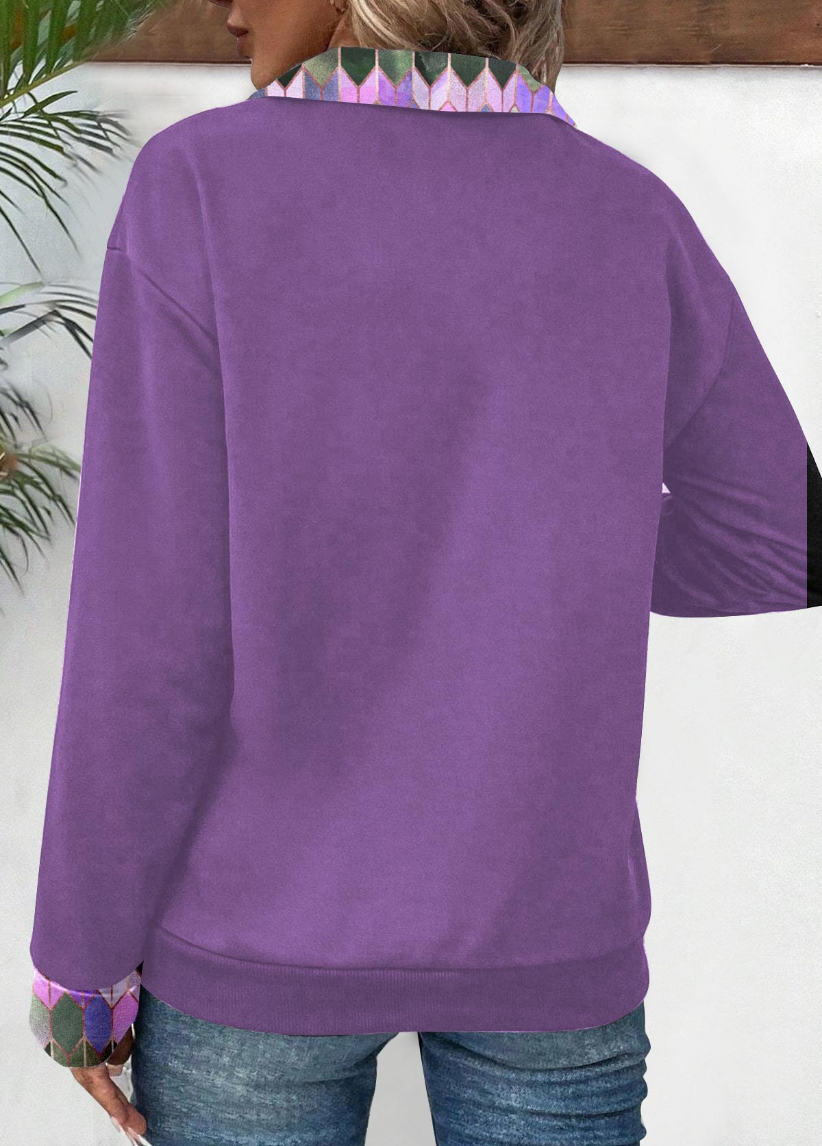 Purple Patchwork Geometric Print Long Sleeve Sweatshirt