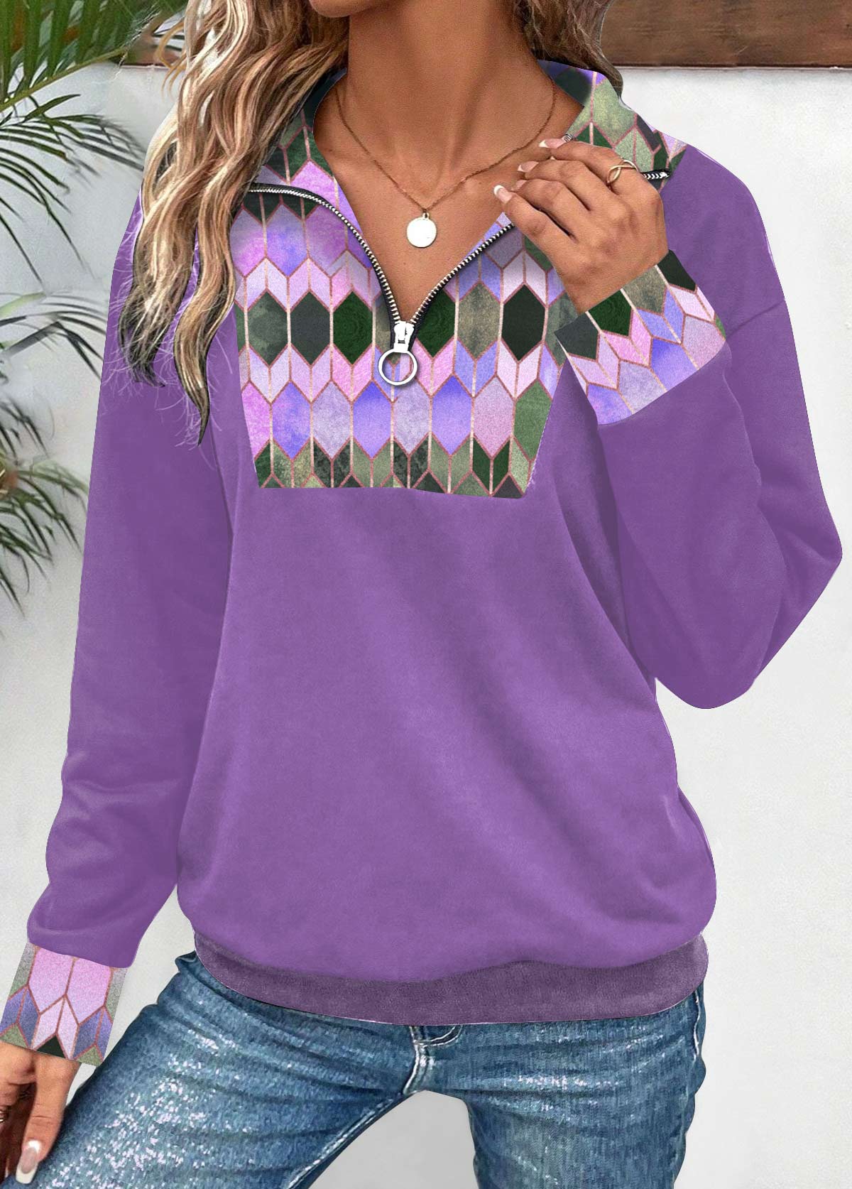 Purple Patchwork Geometric Print Long Sleeve Sweatshirt | picture 