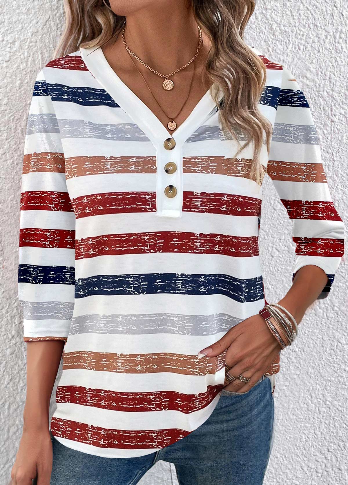 Red Button Multi Stripe Print 3/4 Sleeve T Shirt | picture 