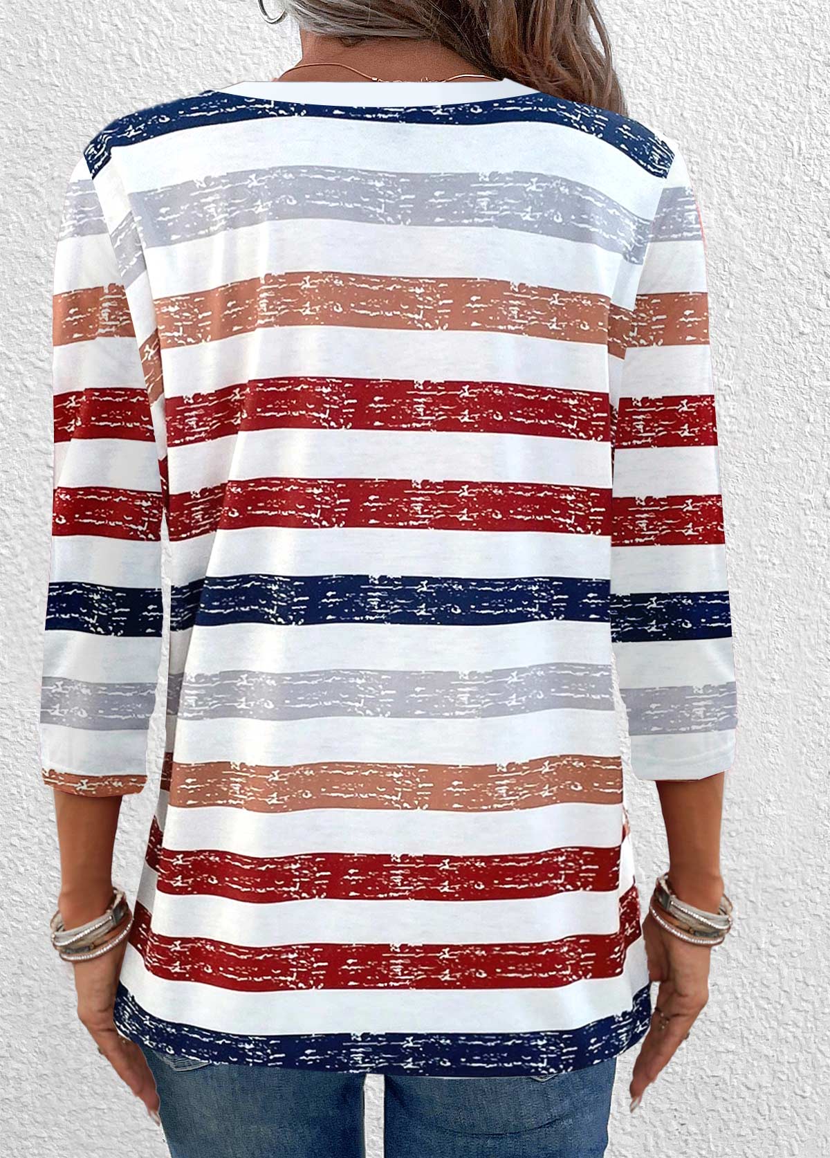 Red Button Multi Stripe Print 3/4 Sleeve T Shirt | picture 