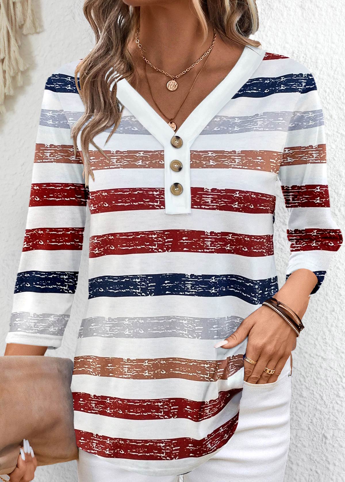 Red Button Multi Stripe Print 3/4 Sleeve T Shirt | picture 