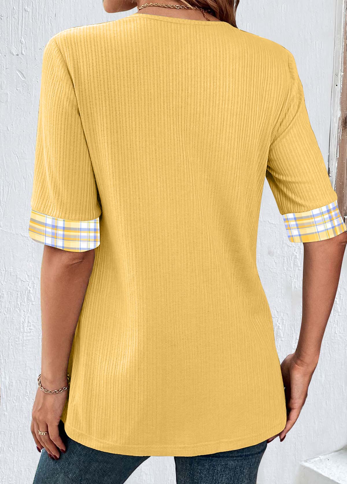 Plus Size Yellow Fake 2in1 Plaid T Shirt