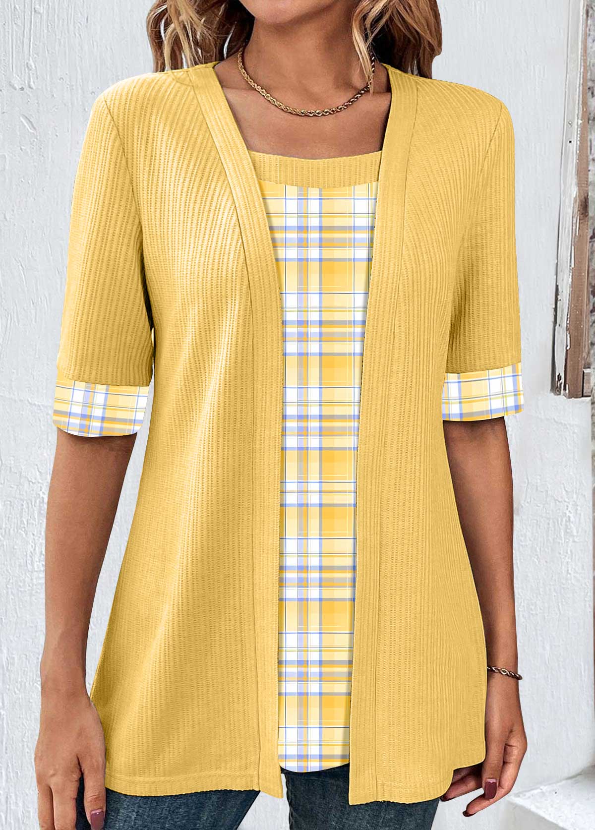 Plus Size Yellow Fake 2in1 Plaid T Shirt