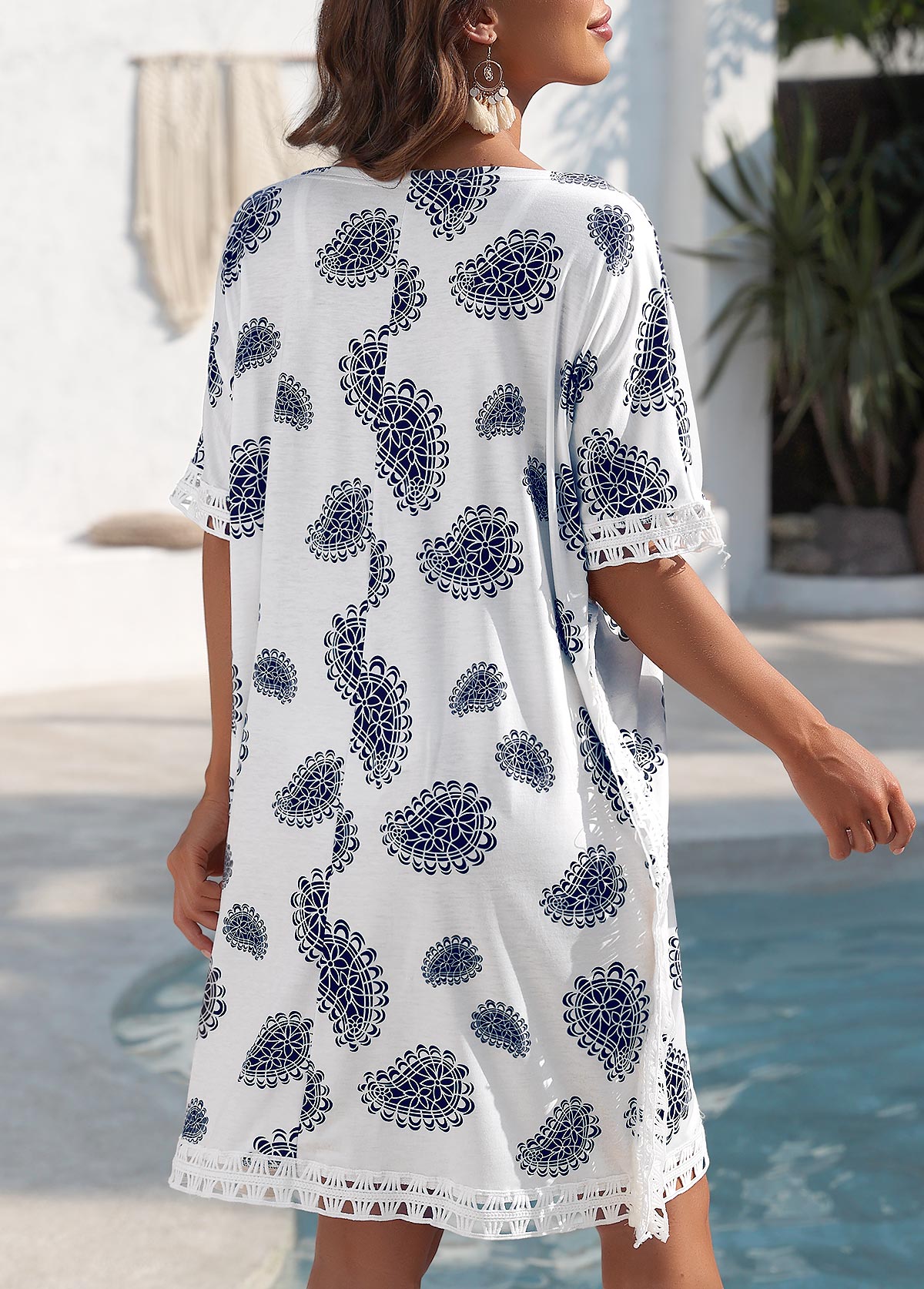 Embroidery Geometric Print White Cover Up