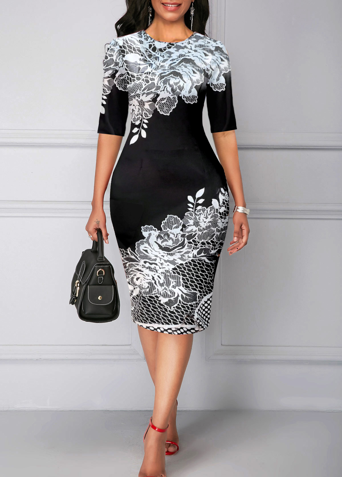 Black Floral Print Half Sleeve Round Neck Bodycon Dress