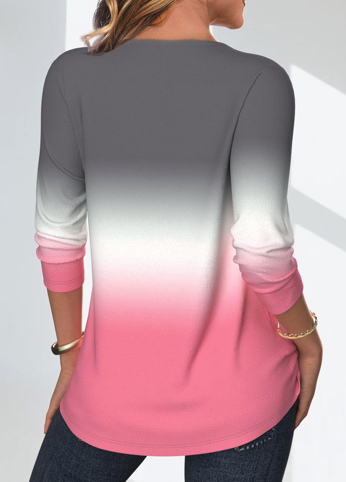 Pink Tuck Stitch Ombre Long Sleeve Round Neck Blouse