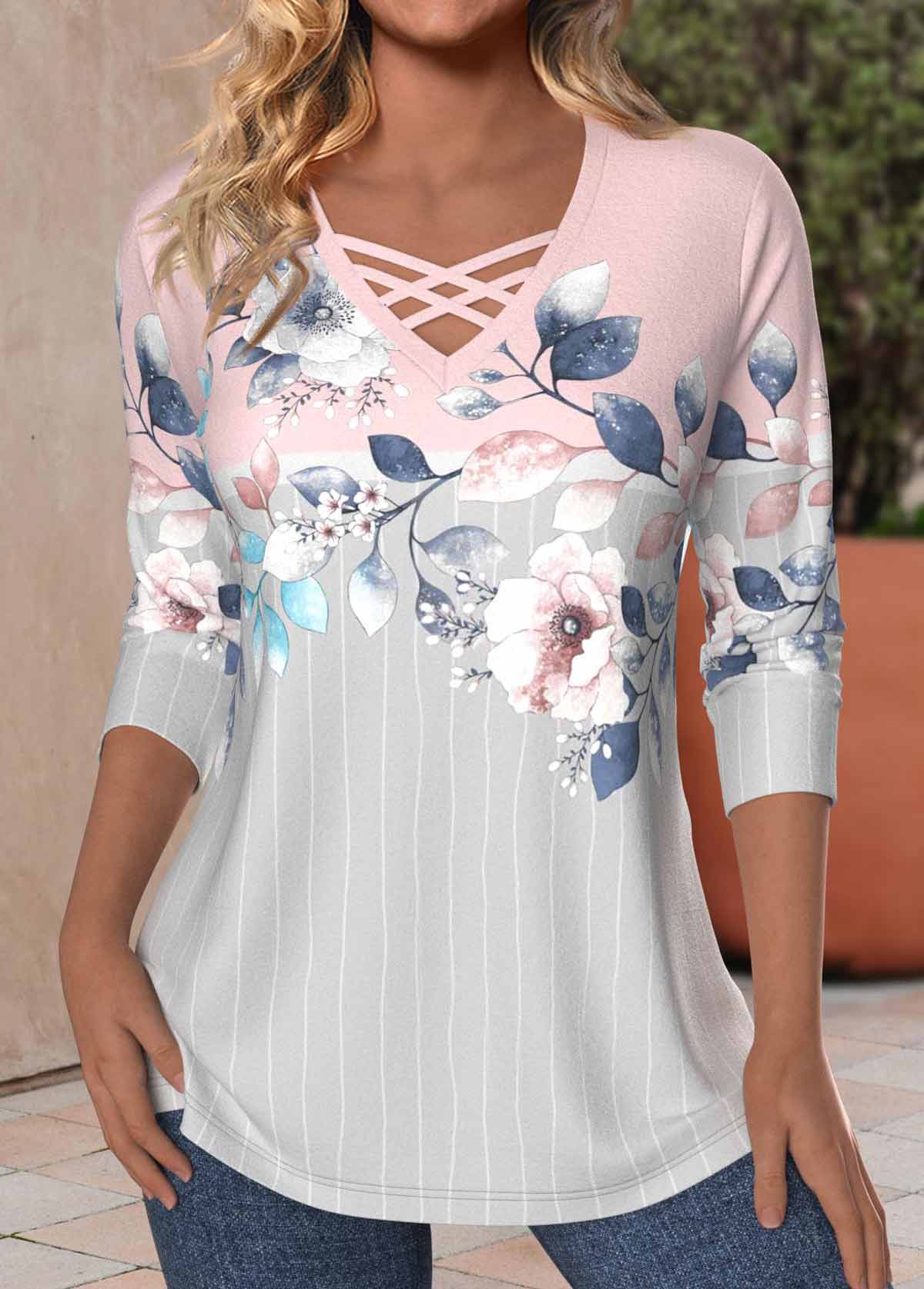 Light Pink Criss Cross Floral Print T Shirt | picture 