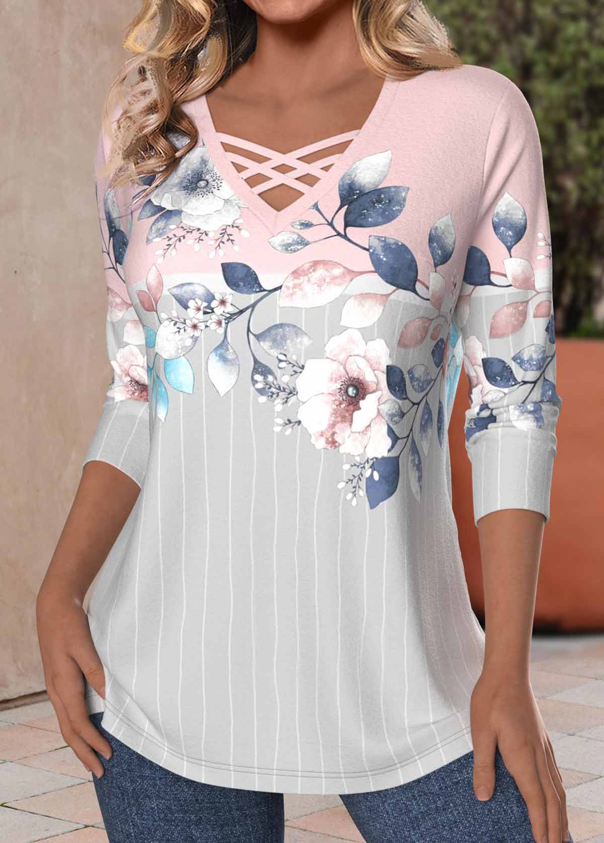 Light Pink Criss Cross Floral Print T Shirt | picture 