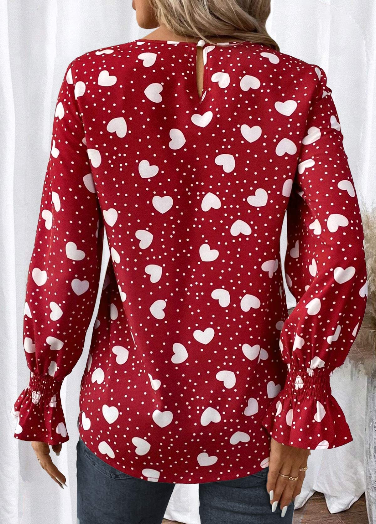 Red Button Valentine's Day Print Long Sleeve Blouse | picture 