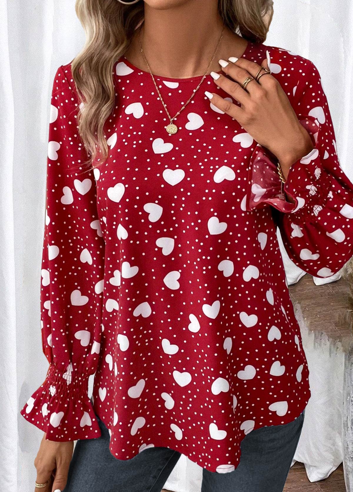 Valentine's Day Red Button Long Sleeve Round Neck Blouse