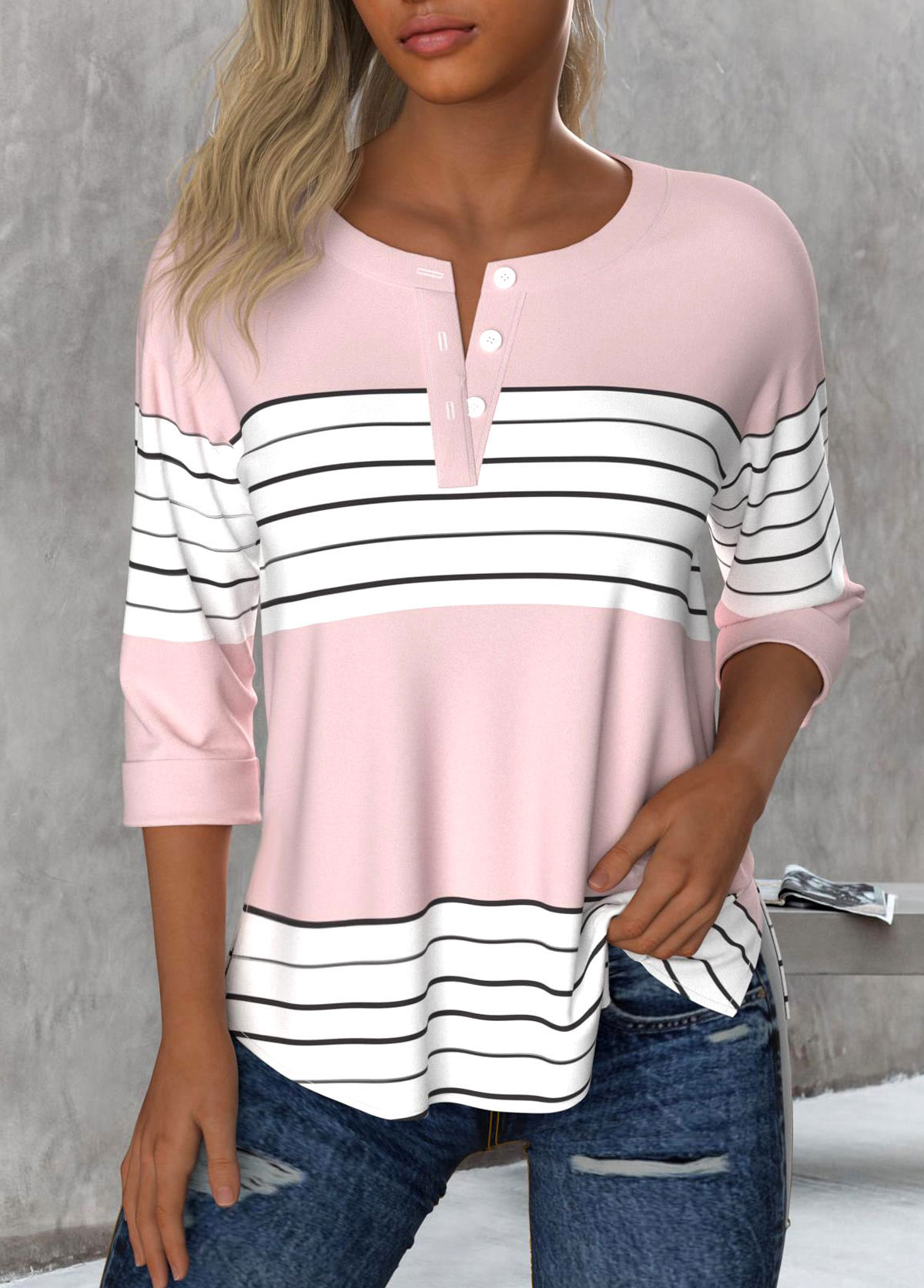 Light Pink Button Striped 3/4 Sleeve Round Neck Blouse