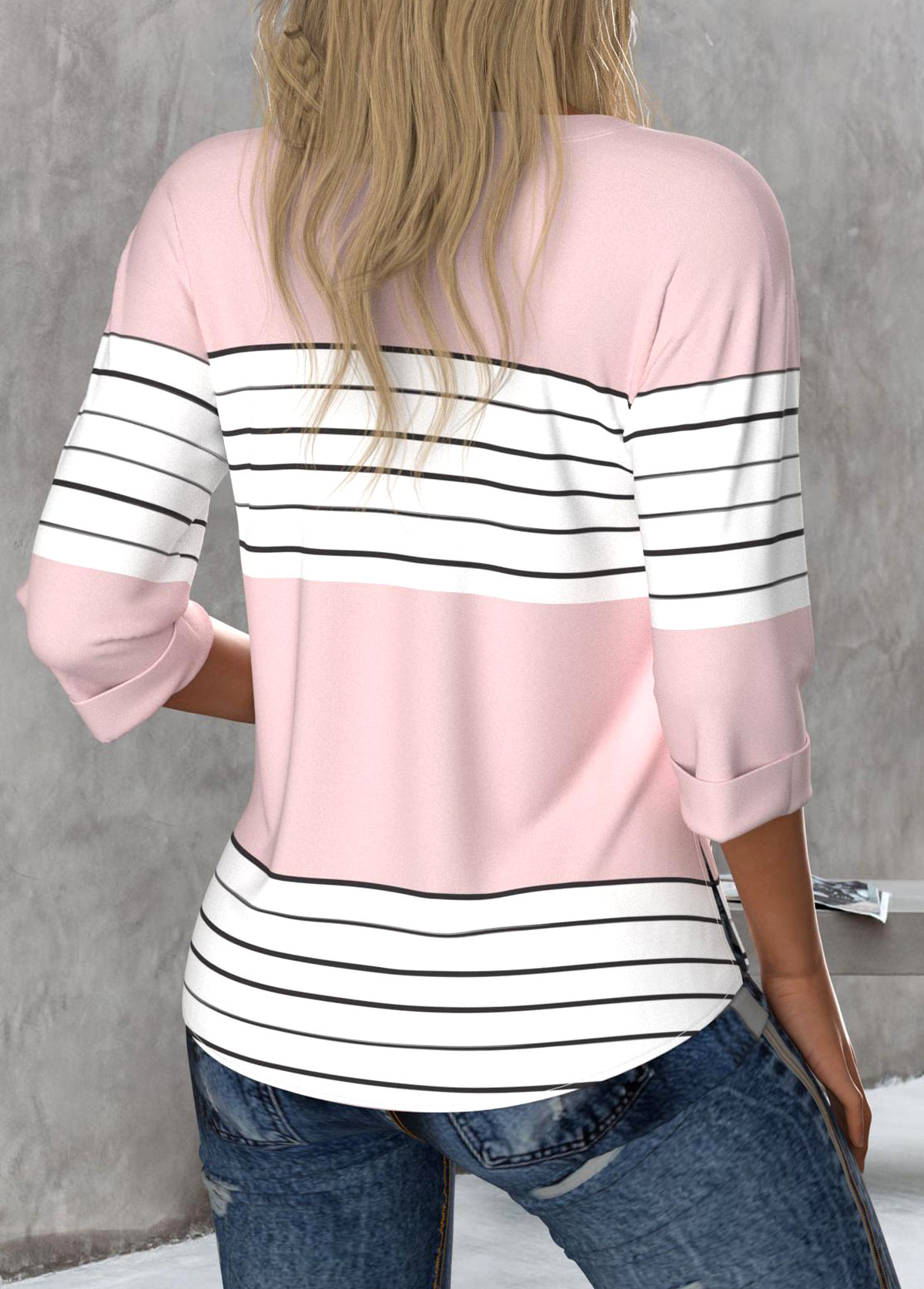 Light Pink Button Striped 3/4 Sleeve Round Neck Blouse