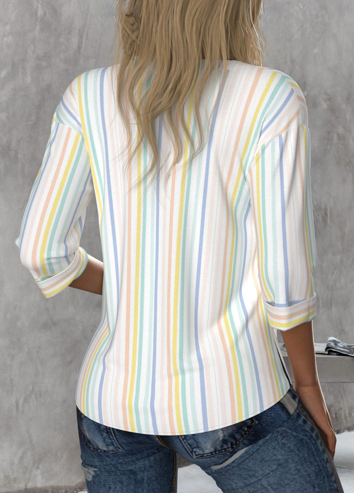 Multi Color Button Striped 3/4 Sleeve Round Neck Blouse | picture 
