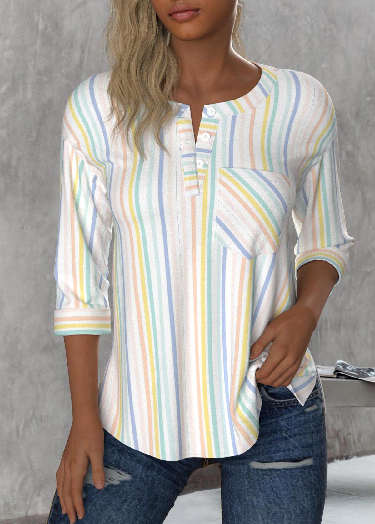 Multi Color Button Striped 3/4 Sleeve Round Neck Blouse | picture 