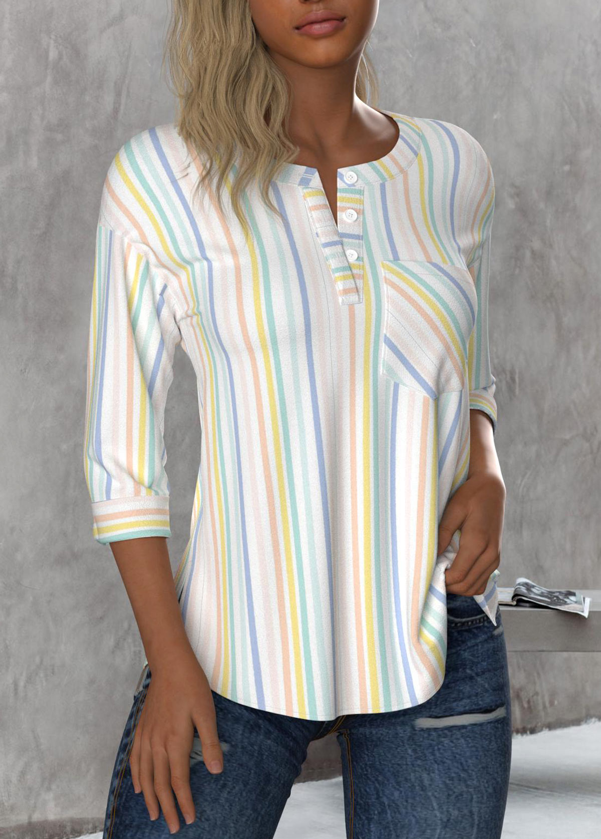 Multi Color Button Striped 3/4 Sleeve Round Neck Blouse | picture 