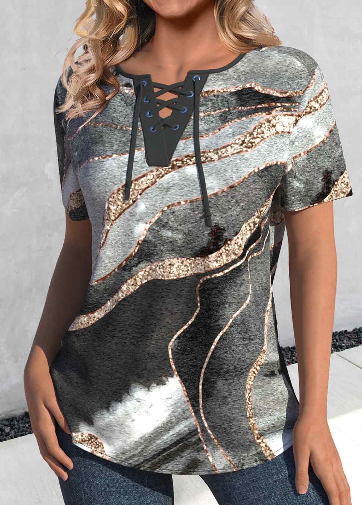 Dark Grey Marl Lace Up Marble Print T Shirt | picture 