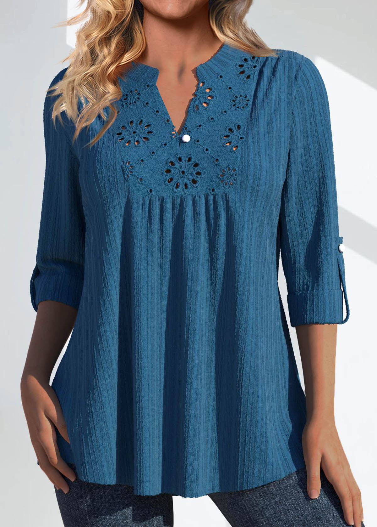 Peacock Blue Patchwork 3/4 Sleeve Split Neck Blouse | picture 