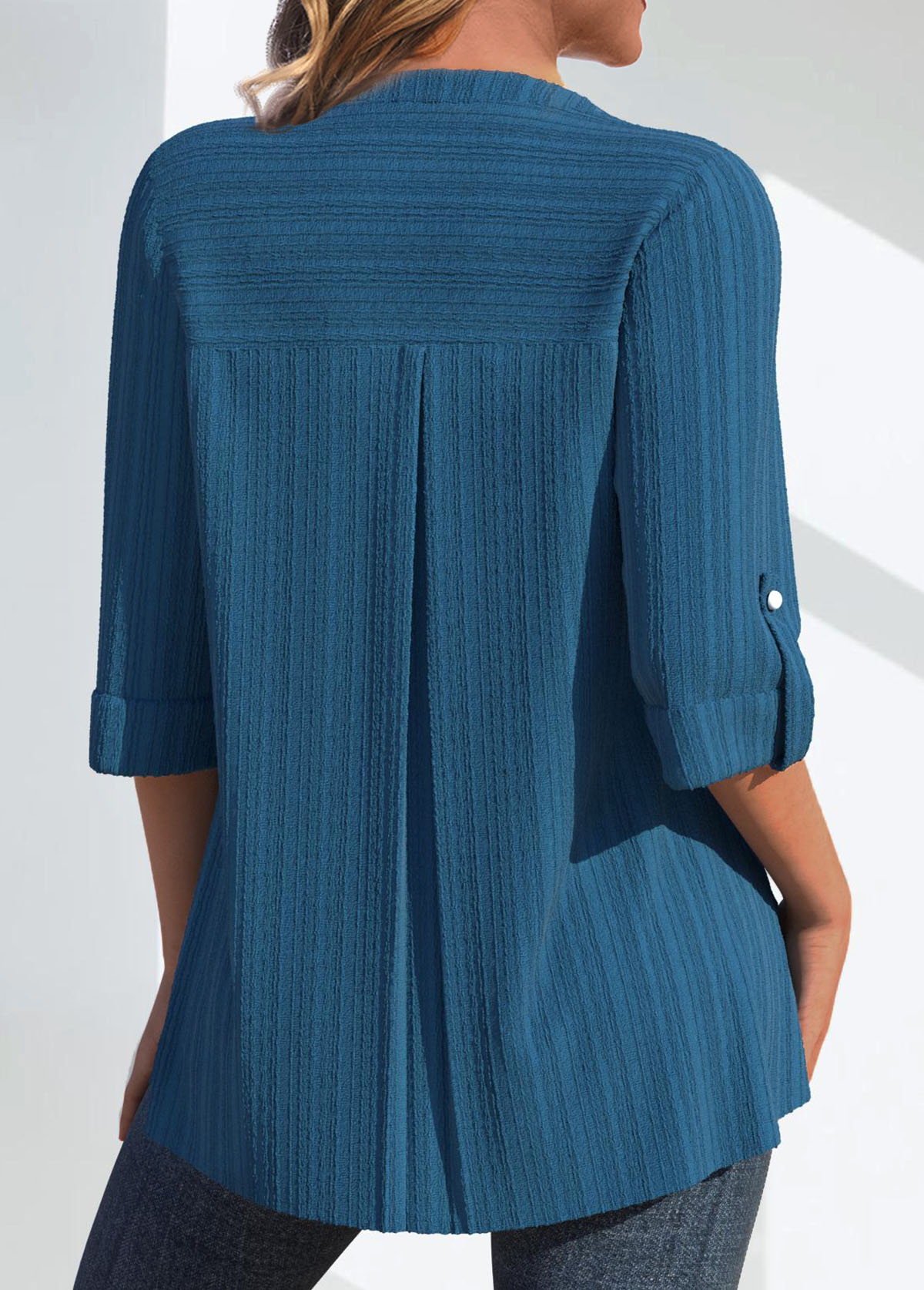 Peacock Blue Patchwork 3/4 Sleeve Split Neck Blouse | picture 