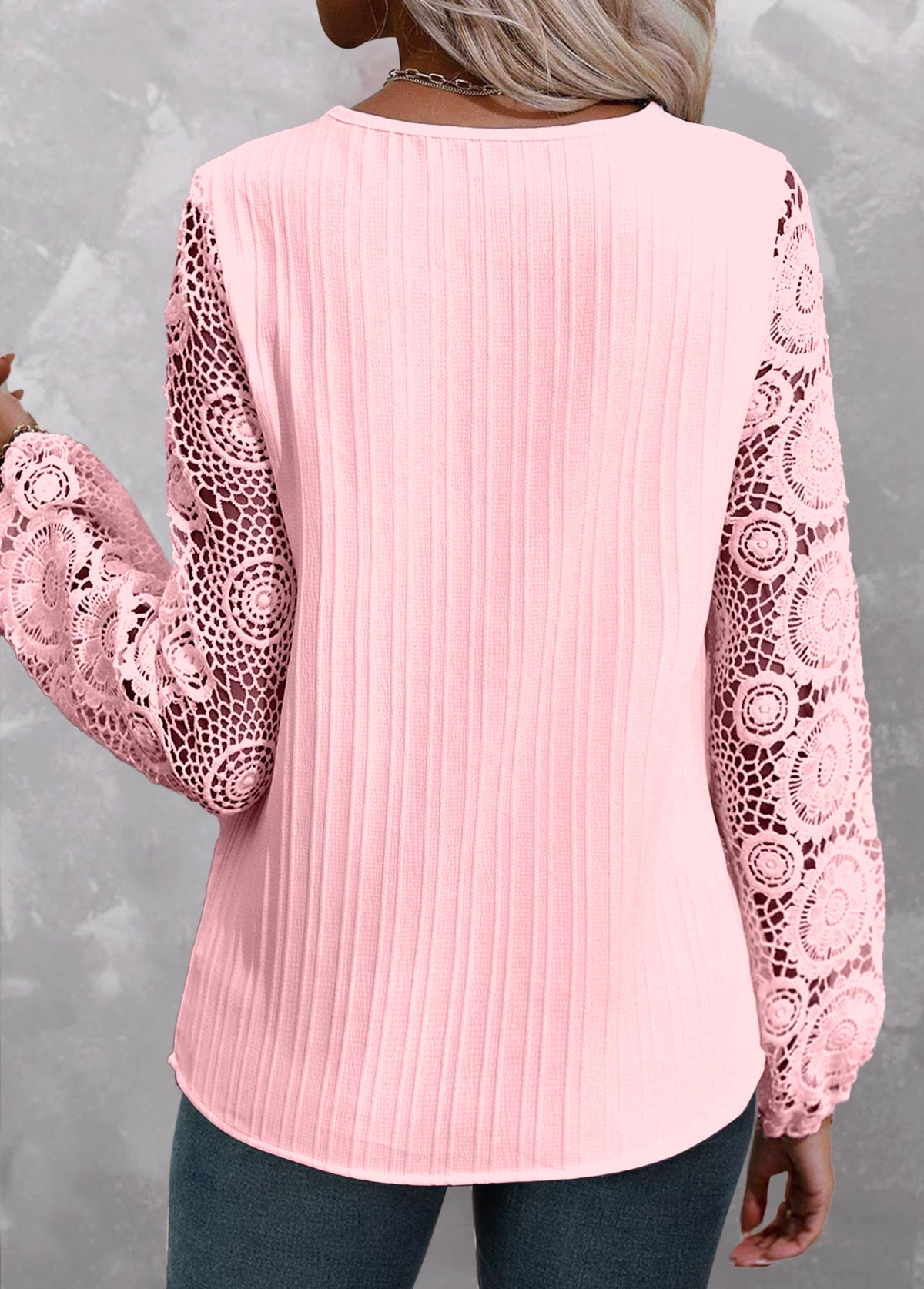 Light Pink Embroidery Long Sleeve V Neck Blouse