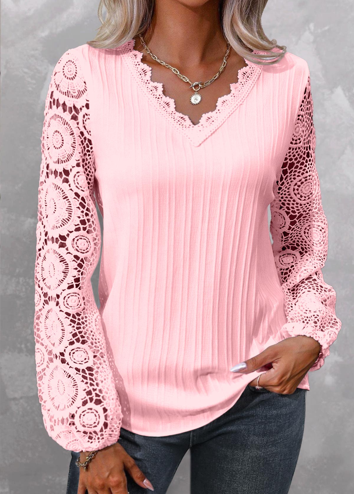 Light Pink Embroidery Long Sleeve V Neck Blouse