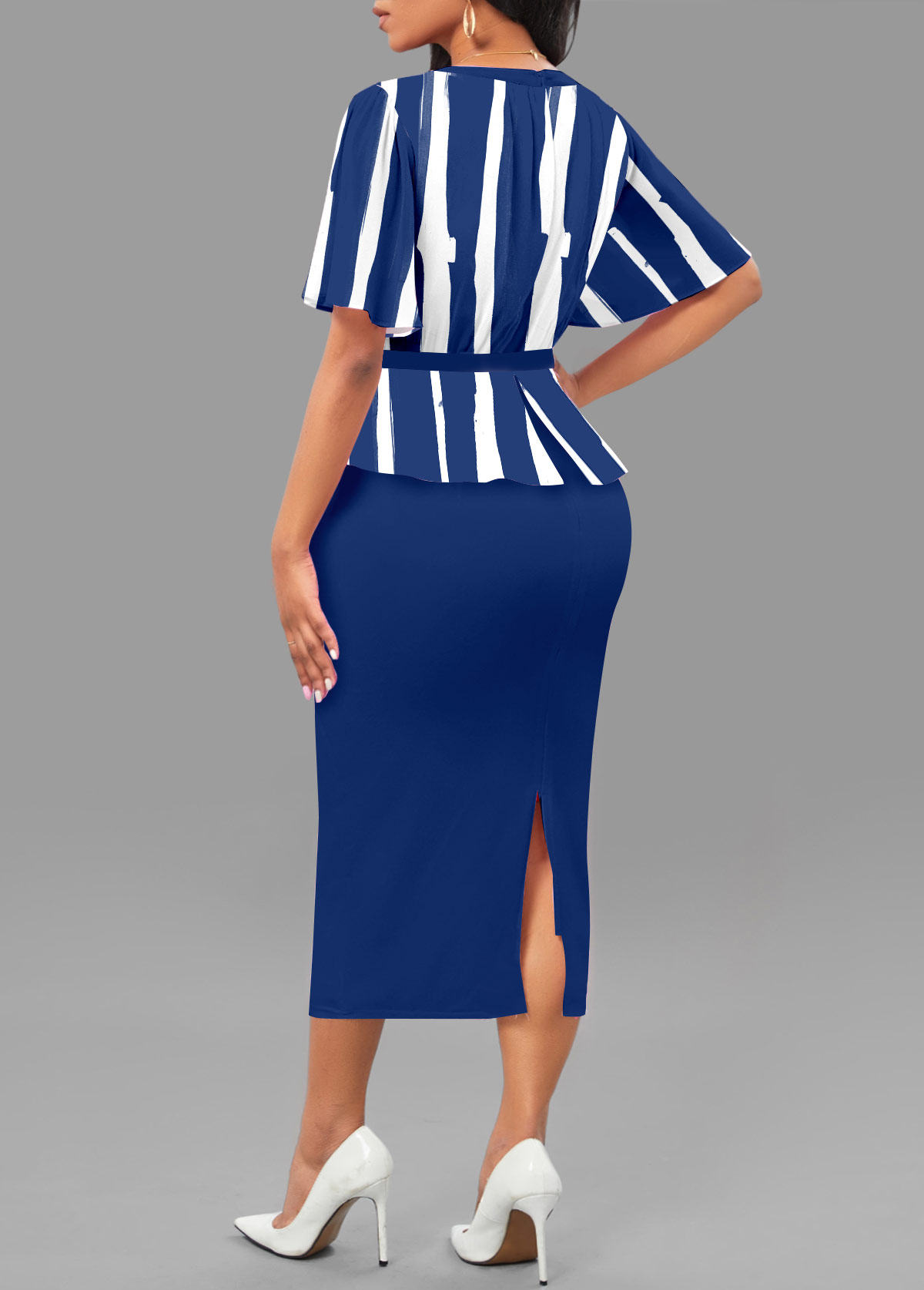 Blue Patchwork Striped Short Sleeve V Neck Bodycon Dress