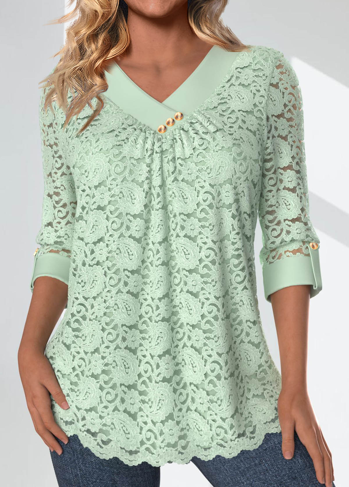 Light Green Lace 3/4 Sleeve V Neck Blouse | picture 