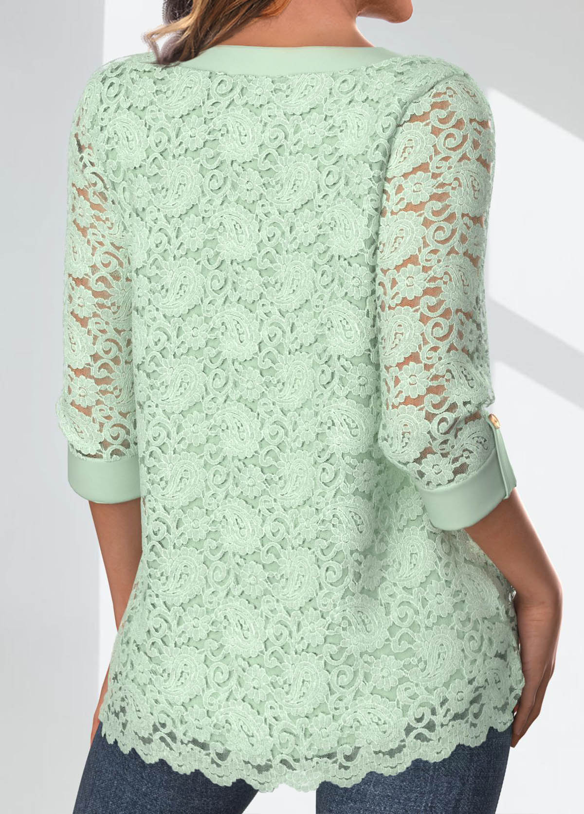 Light Green Lace 3/4 Sleeve V Neck Blouse | picture 