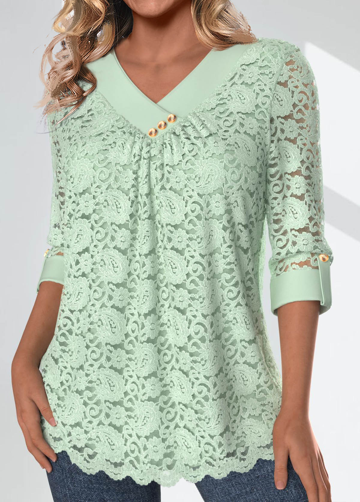 Light Green Lace 3/4 Sleeve V Neck Blouse | picture 