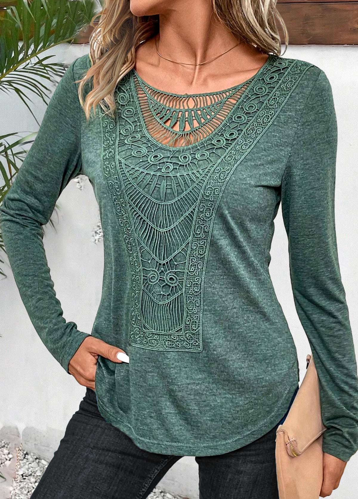 Sage Green Lace Long Sleeve Round Neck T Shirt