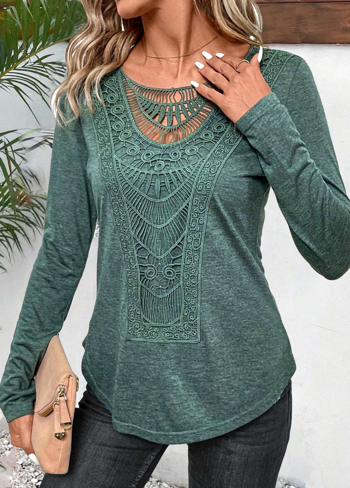Sage Green Lace Long Sleeve Round Neck T Shirt