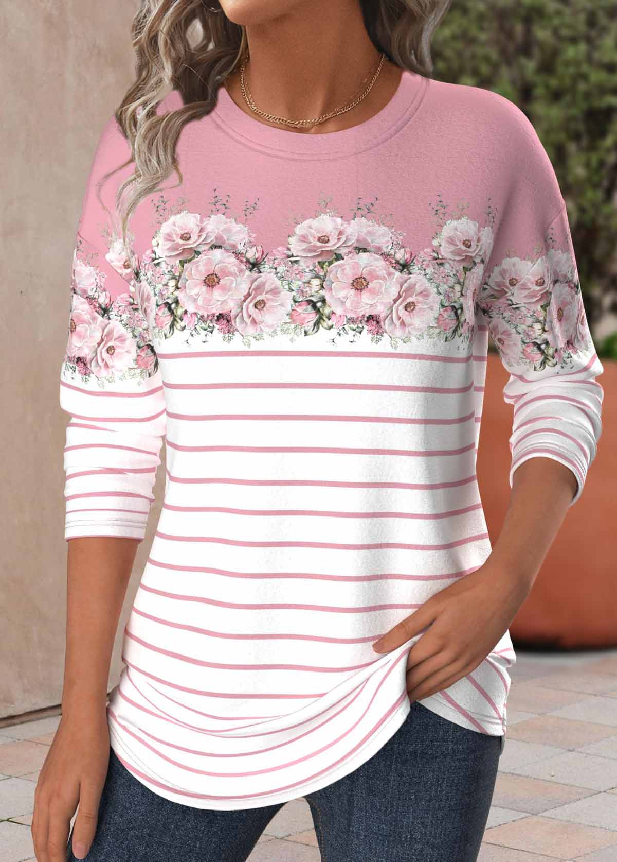 Plus Size Pink Patchwork Floral Print T Shirt