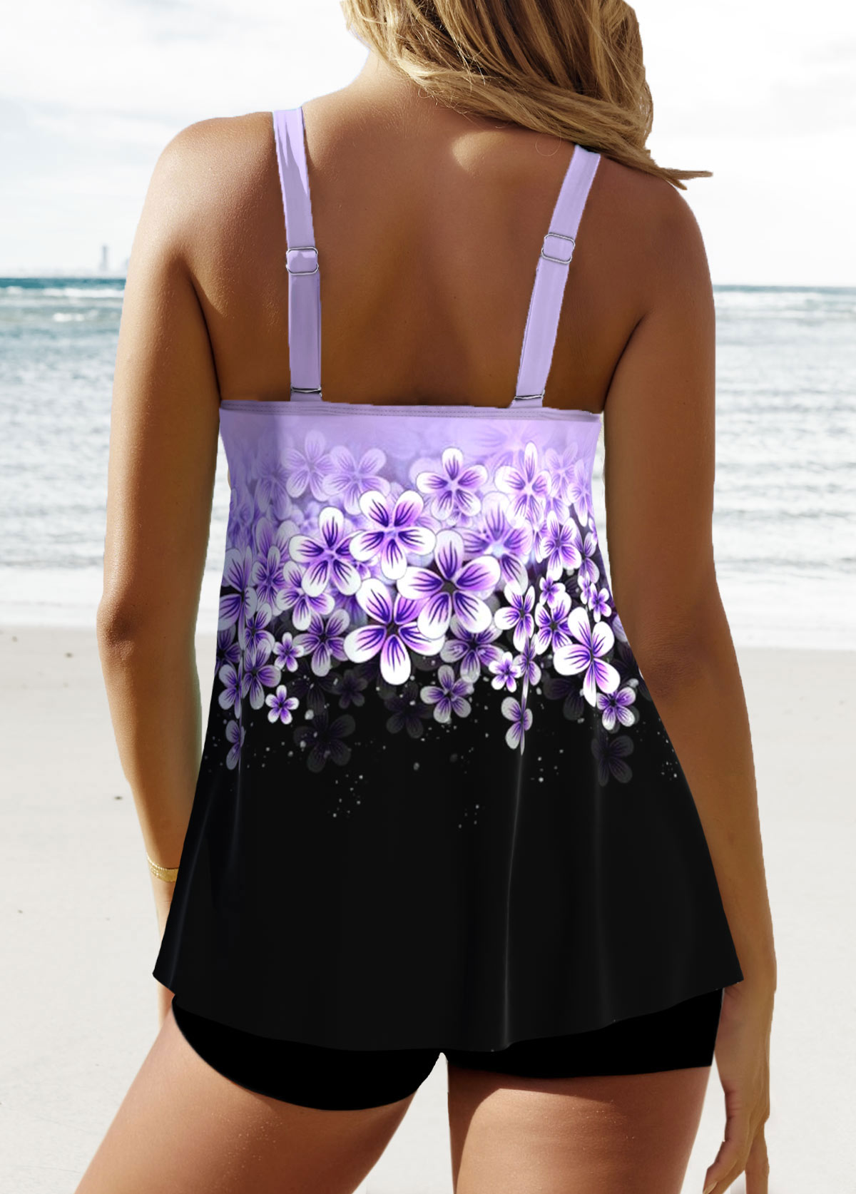 Patchwork Floral Print Light Purple Tankini Set | picture 