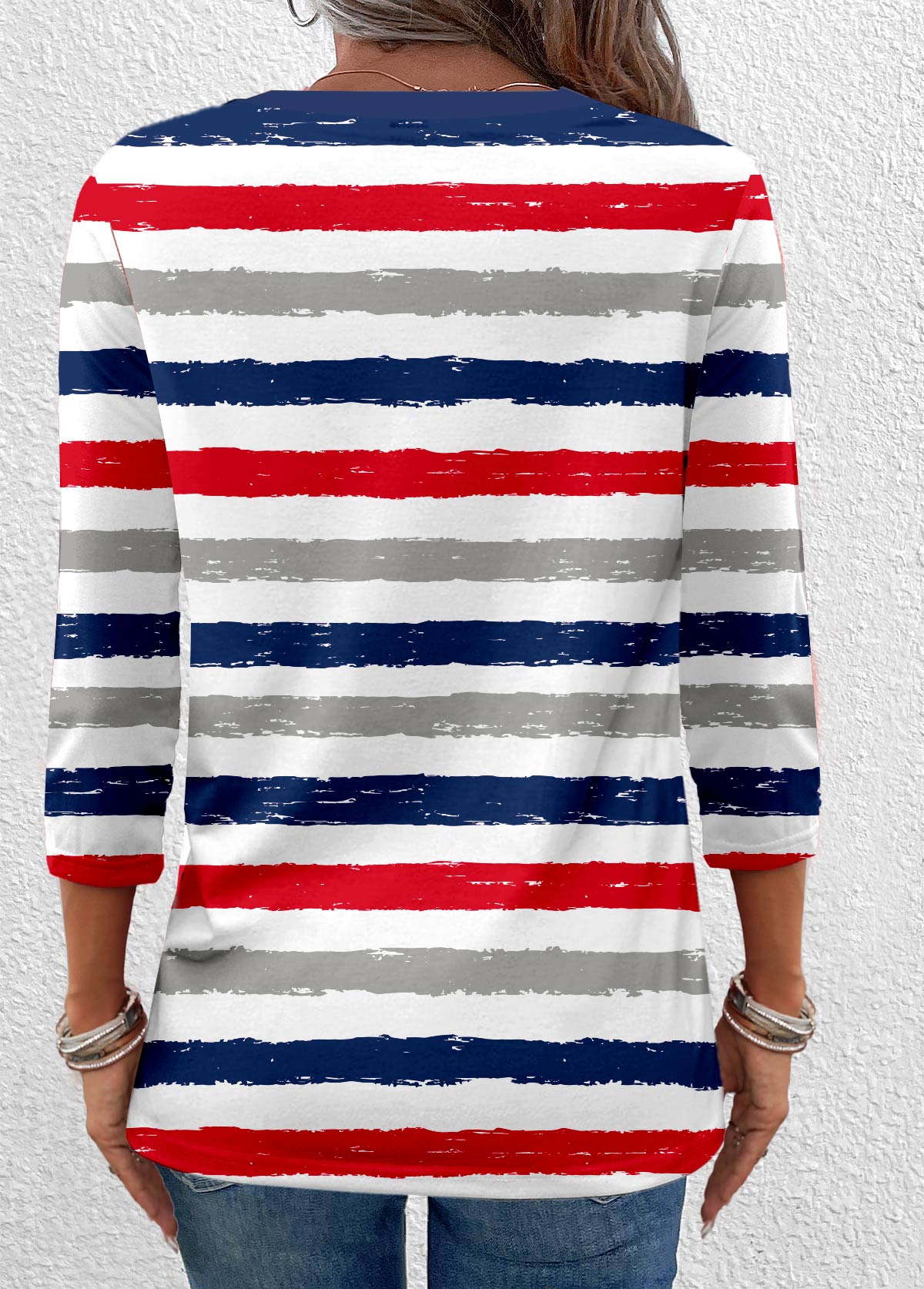 Multi Color Button Striped 3/4 Sleeve T Shirt