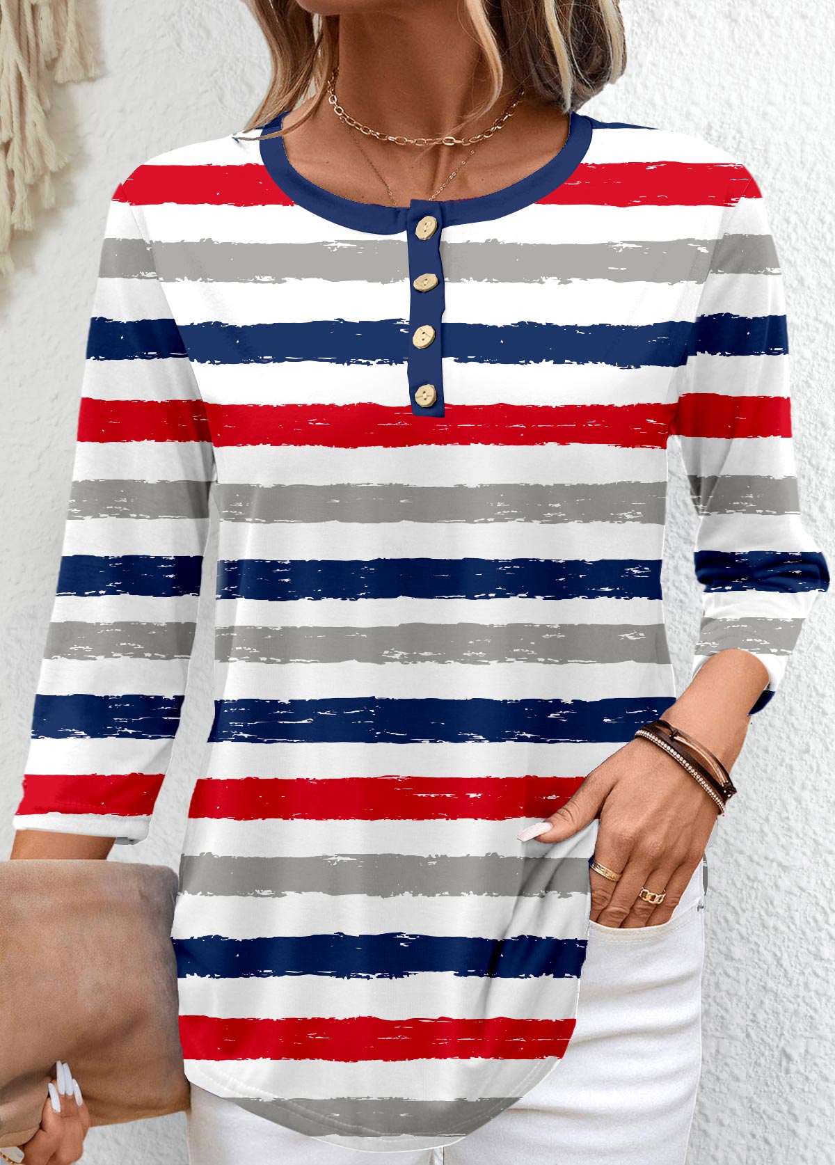 Multi Color Button Striped 3/4 Sleeve T Shirt