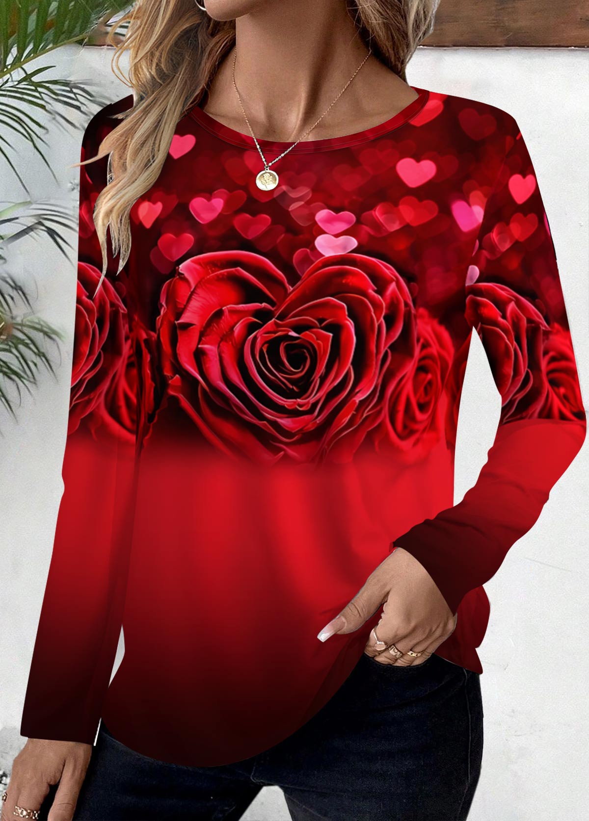 Red Floral Print Long Sleeve T Shirt