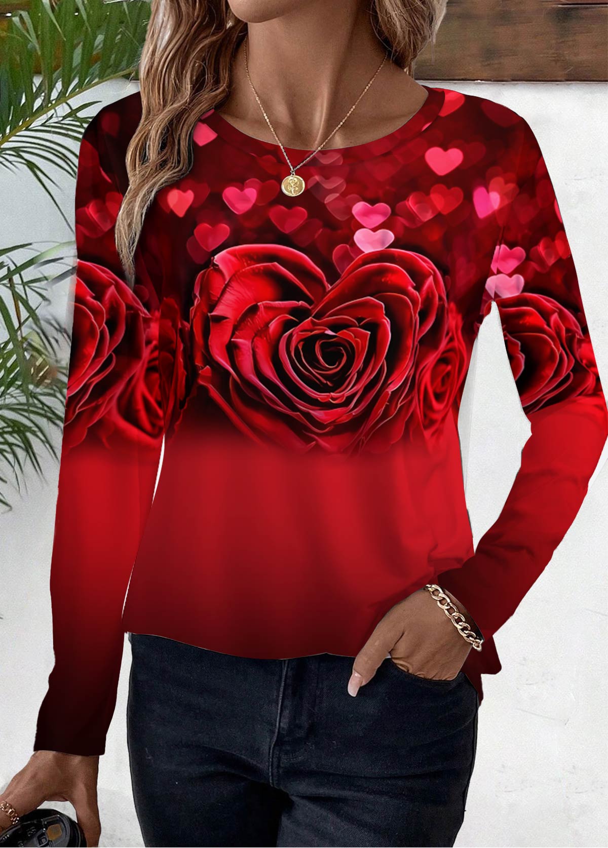 Red Floral Print Long Sleeve T Shirt USD 27.98