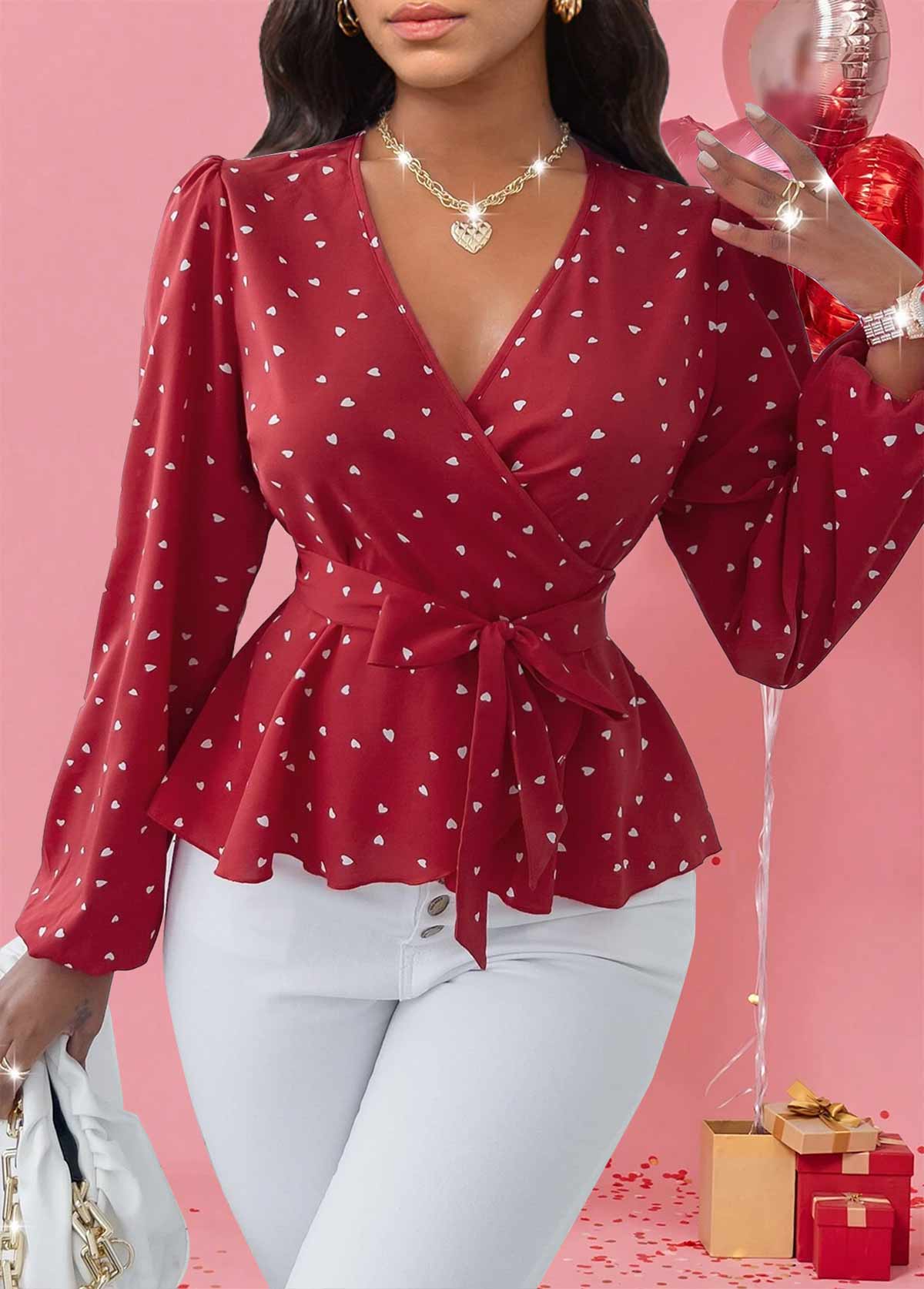 Red Patchwork Heart Print Belted Long Sleeve Blouse