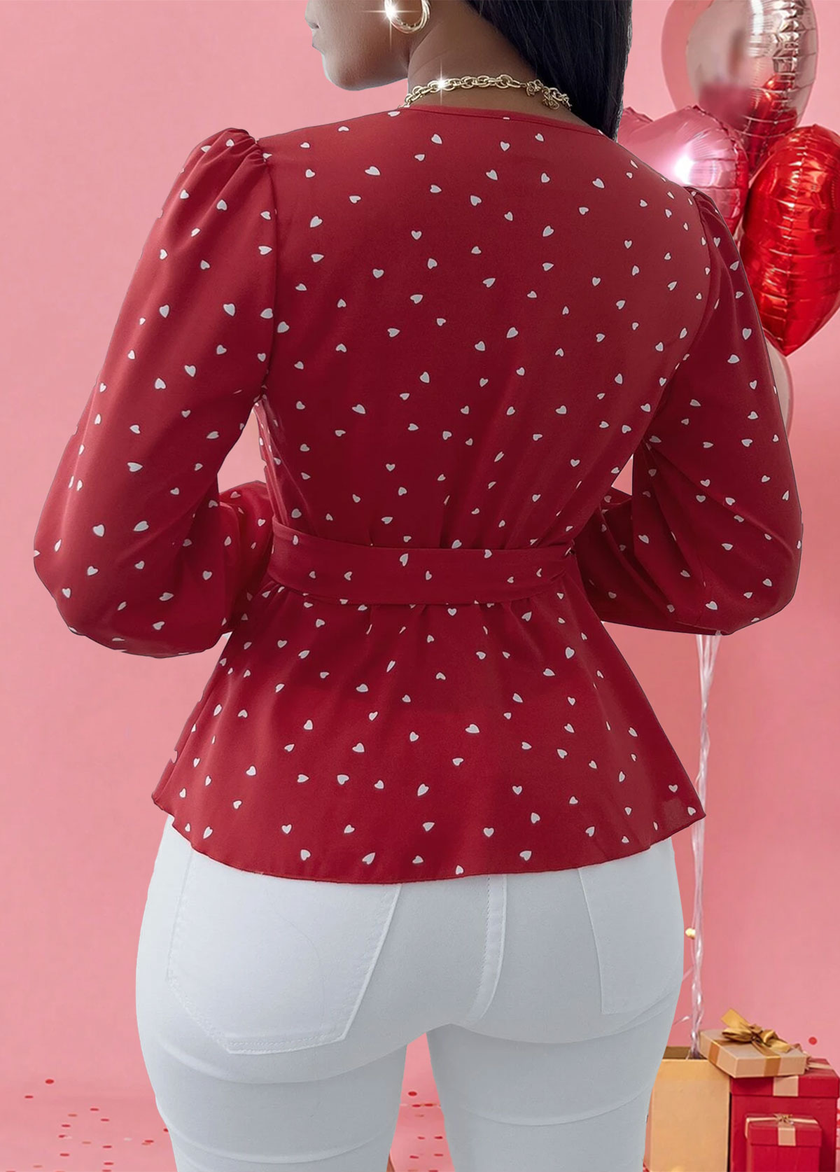 Red Patchwork Heart Print Belted Long Sleeve Blouse
