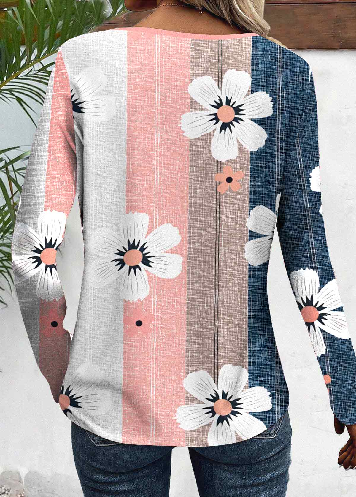 Multi Color Patchwork Floral Print Long Sleeve T Shirt