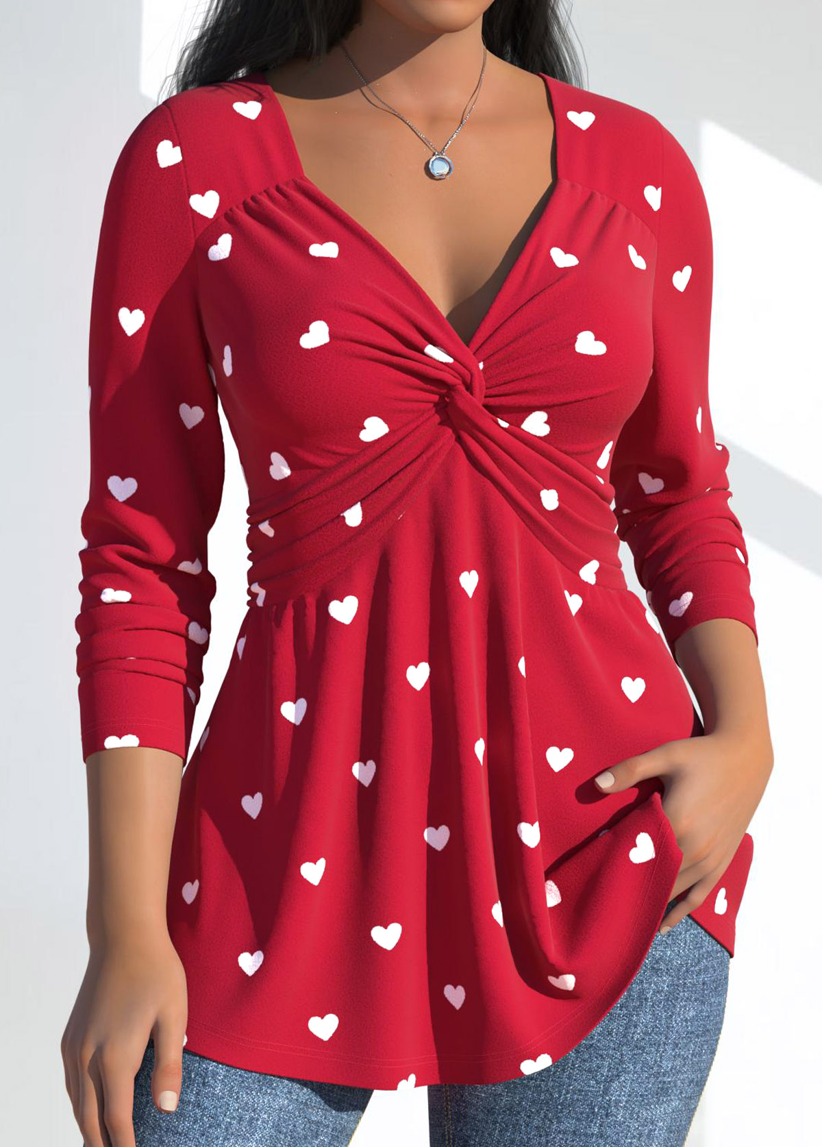 Red Twist Heart Print Long Sleeve T Shirt