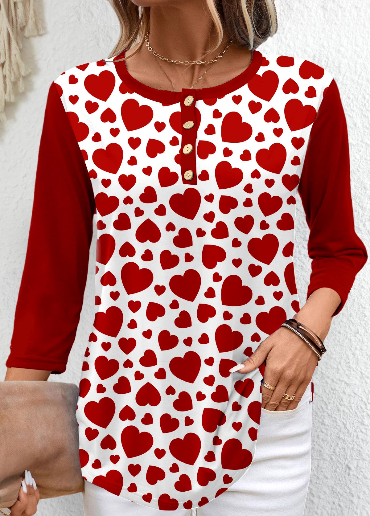 Wine Red Button Heart Print T Shirt