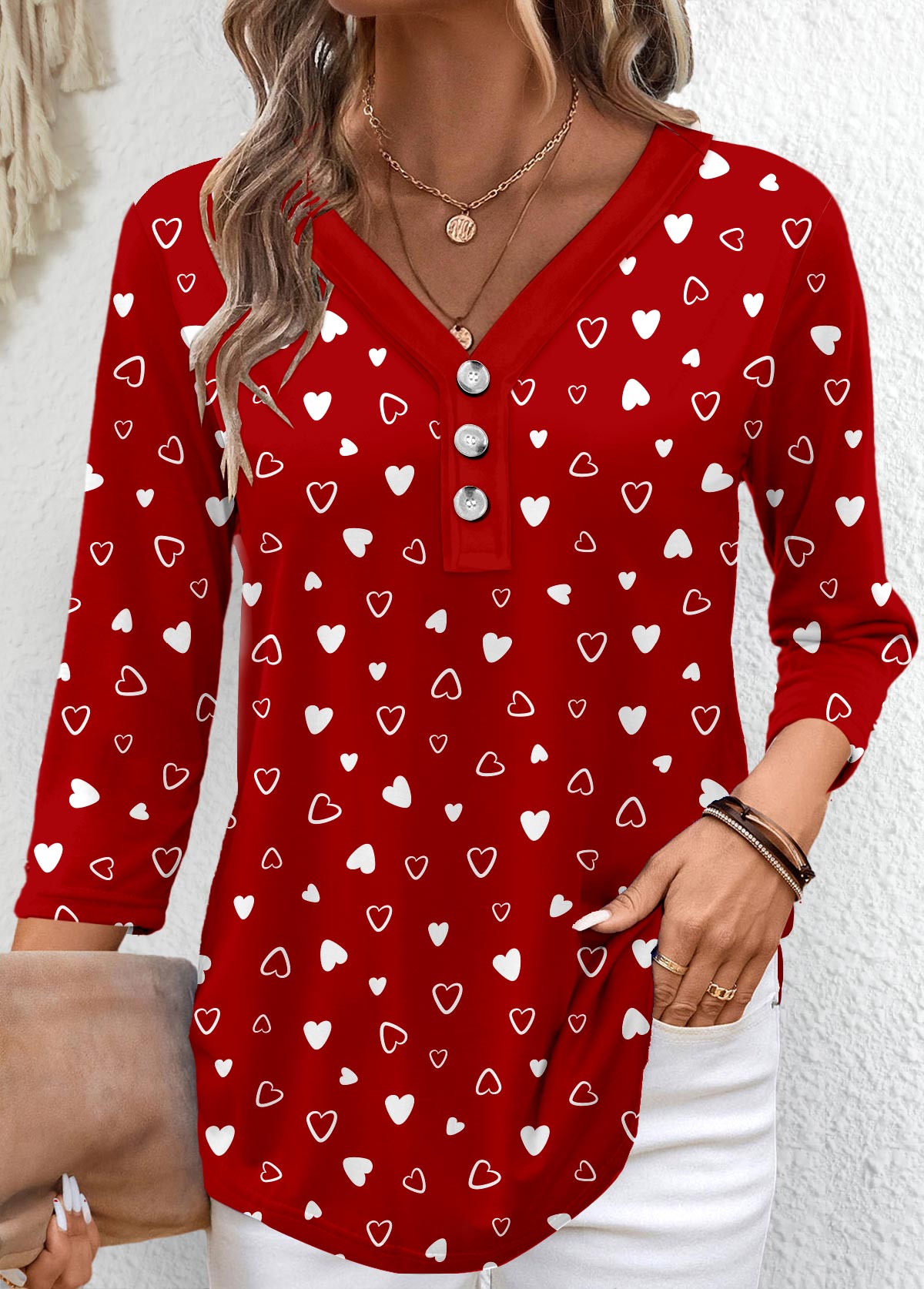 Valentine's Day Red Button Heart Print T Shirt