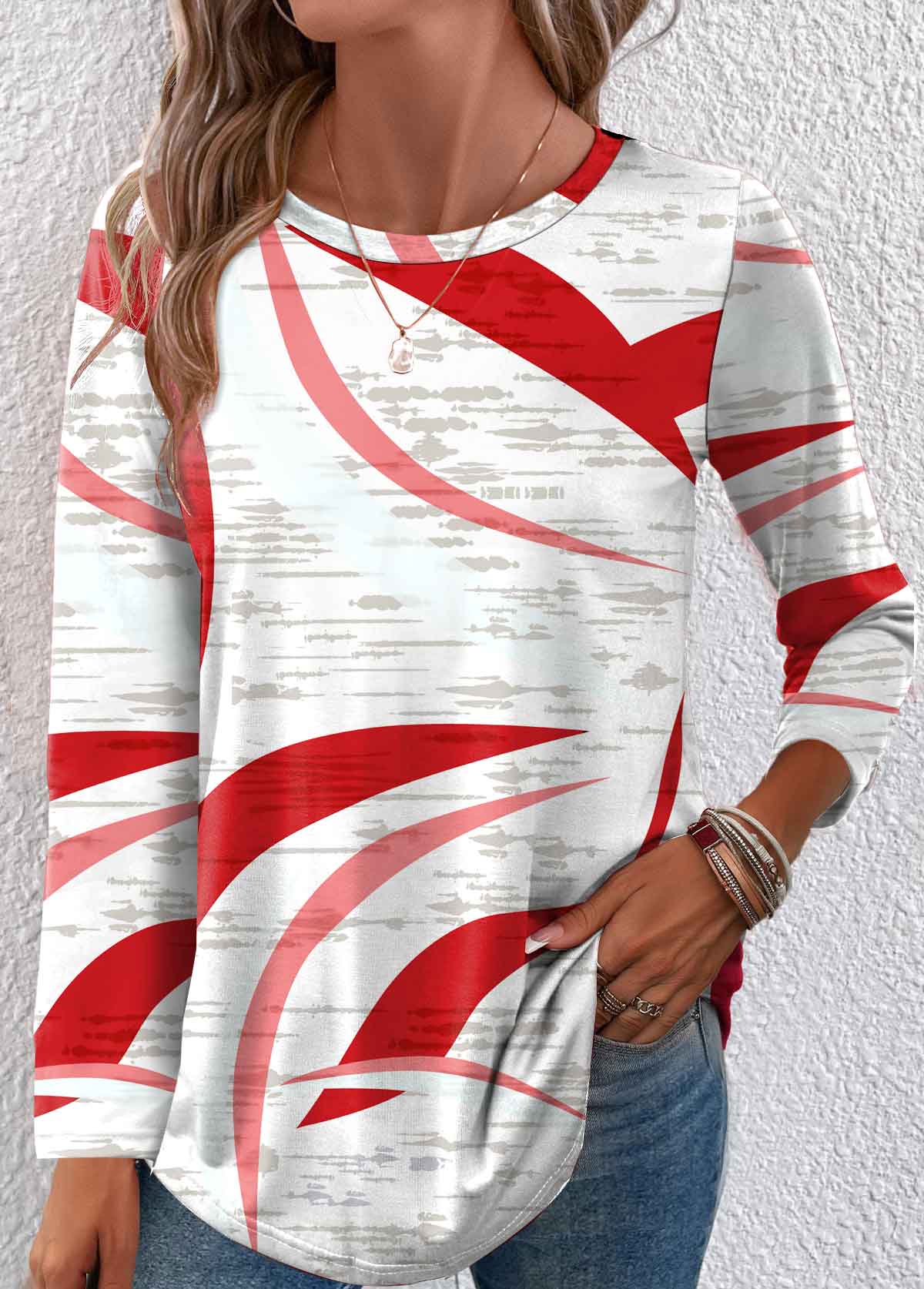 Red Lightweight Geometric Print Long Sleeve T Shirt