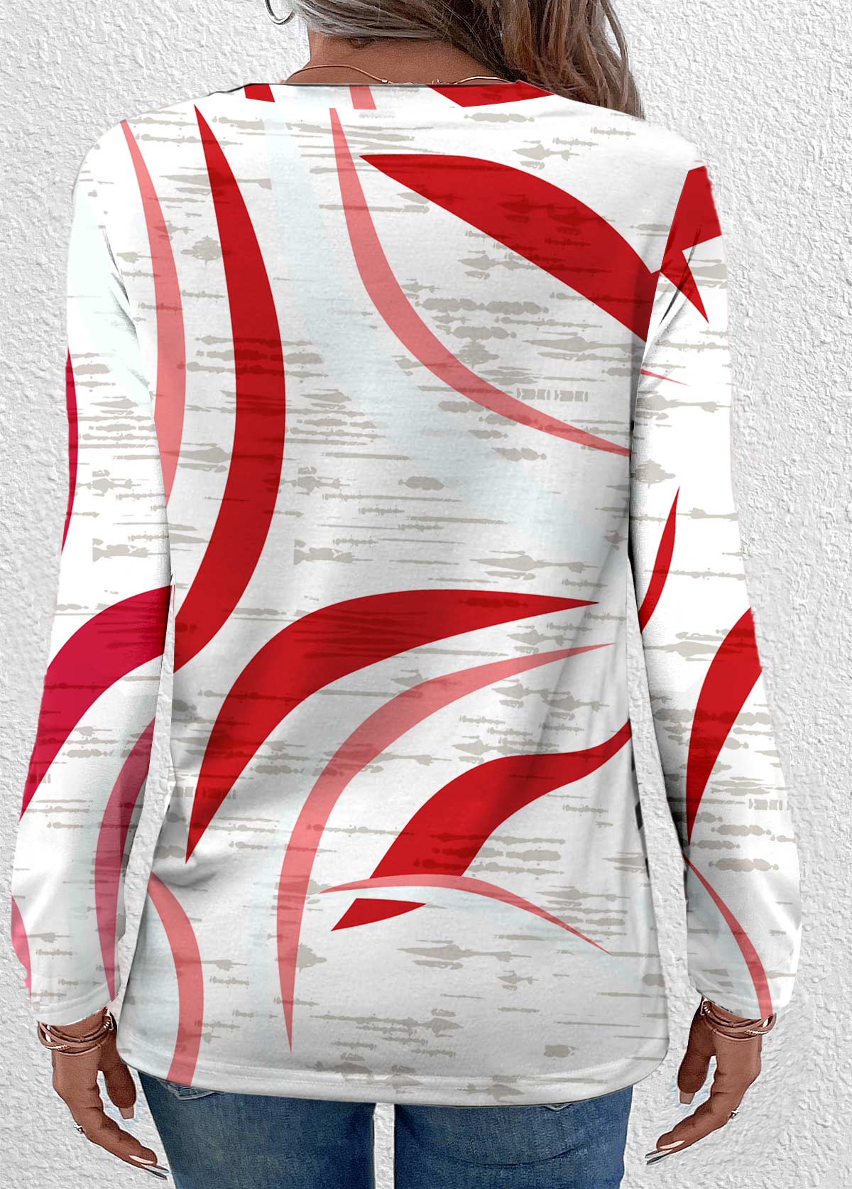 Red Lightweight Geometric Print Long Sleeve T Shirt