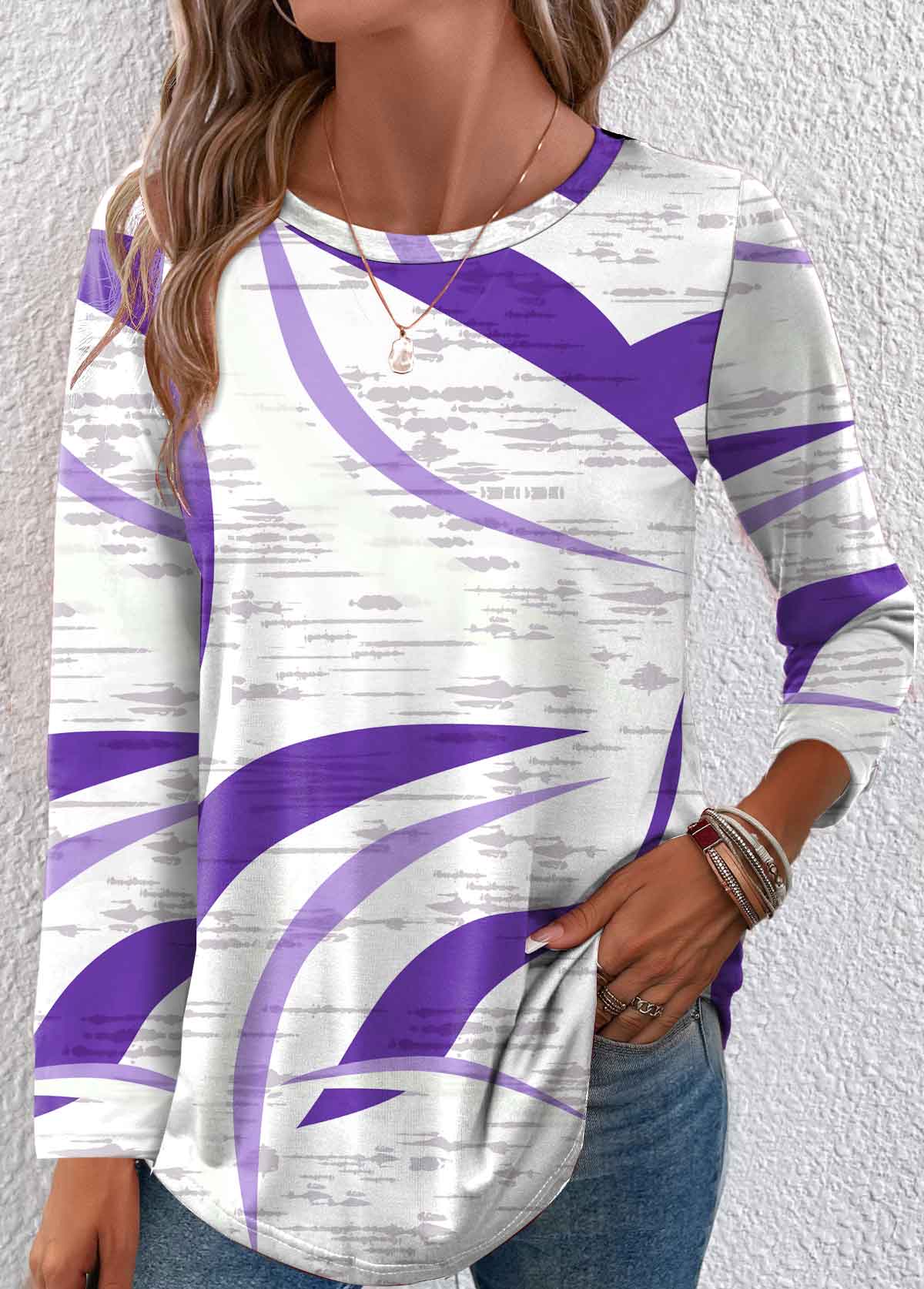 Purple Lightweight Geometric Print Long Sleeve T Shirt