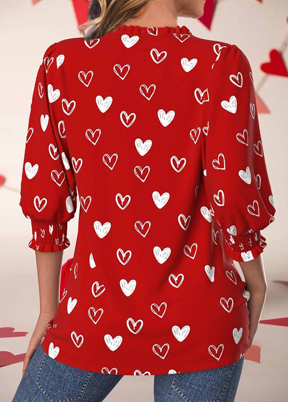Valentine's Day Red Smocked 3/4 Sleeve Split Neck Blouse